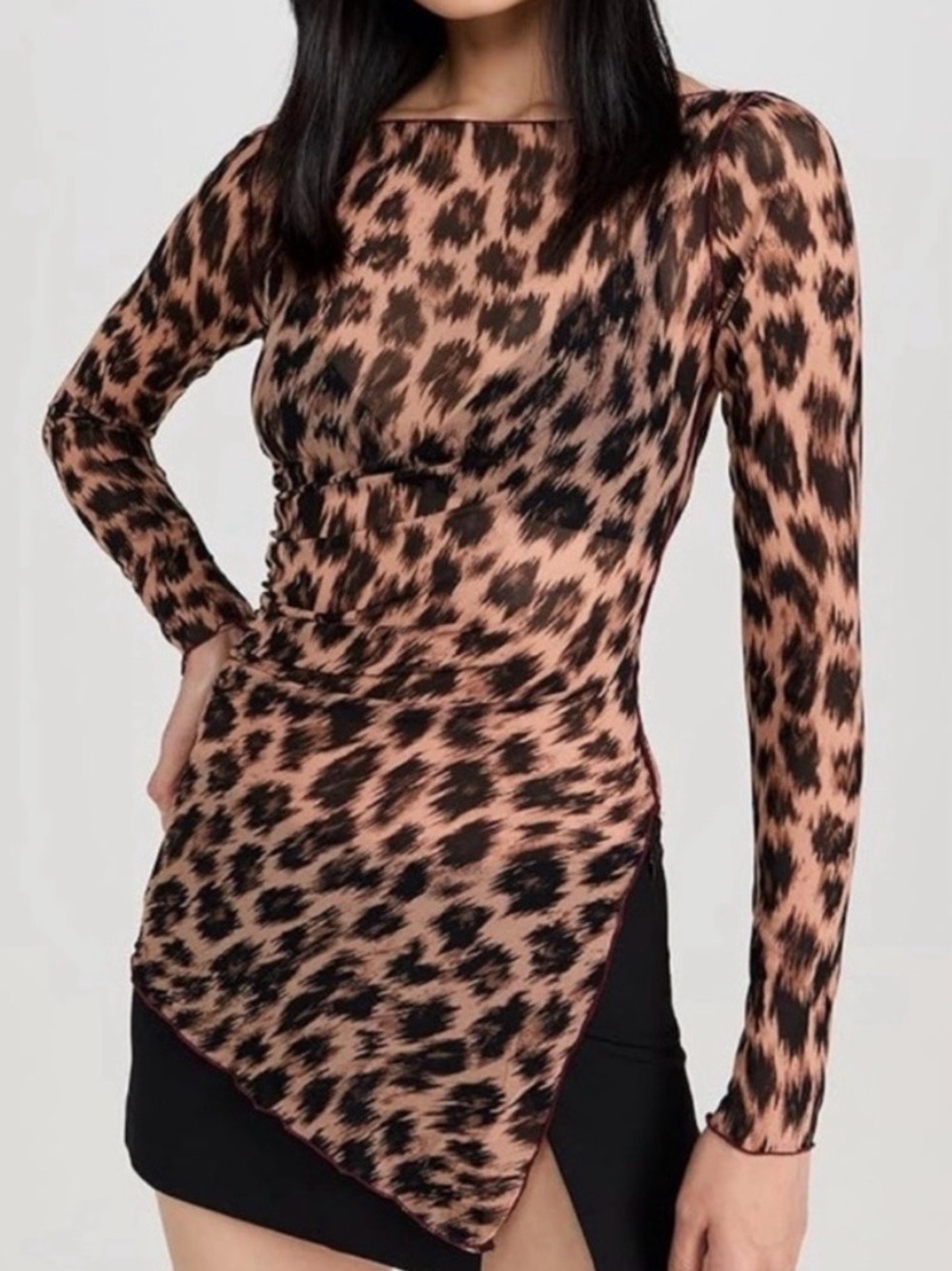 Intimately Free People Something Extra Leopard Mesh Asymmetric Top, Size Small